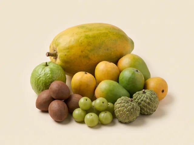 Fruits — common South Indian varieties, compared — photograph